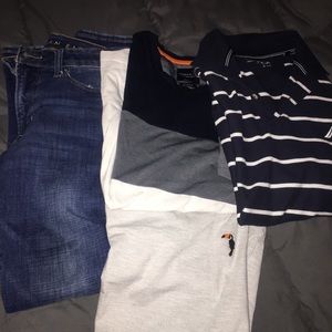 Three men’s t-shirts and jeans